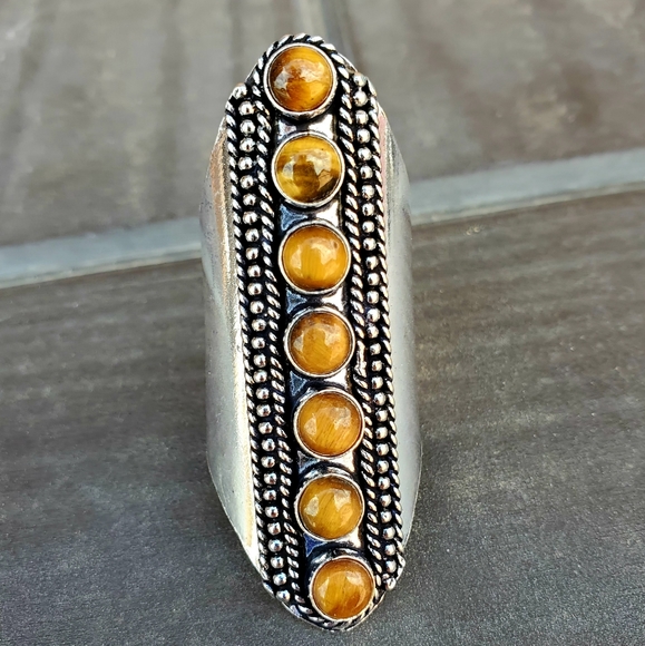 New 7 Stone Tiger Eye Adjustable Silver Statement Ring. - Picture 8 of 15